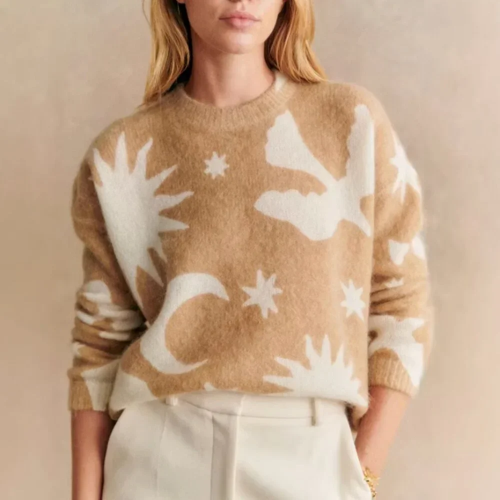 Sézane Pangea Camel and Cream Star & Moon Pattern Sweater
